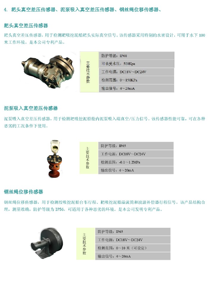 耙頭真空差壓傳感器、泥泵吸入真空差壓傳感器、鋼絲繩位移傳感器、